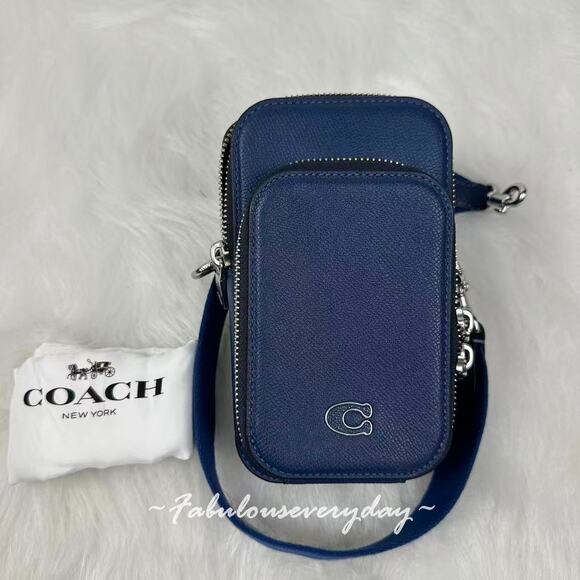 Coach Men's Phone Crossbody In Crossgrain Leather/Deep Blue CP272 - Picture 2 of 8